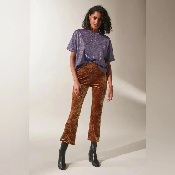 NWT Urban Outfitters Gold Velvet Flare Pants XS - Picture 1 of 5